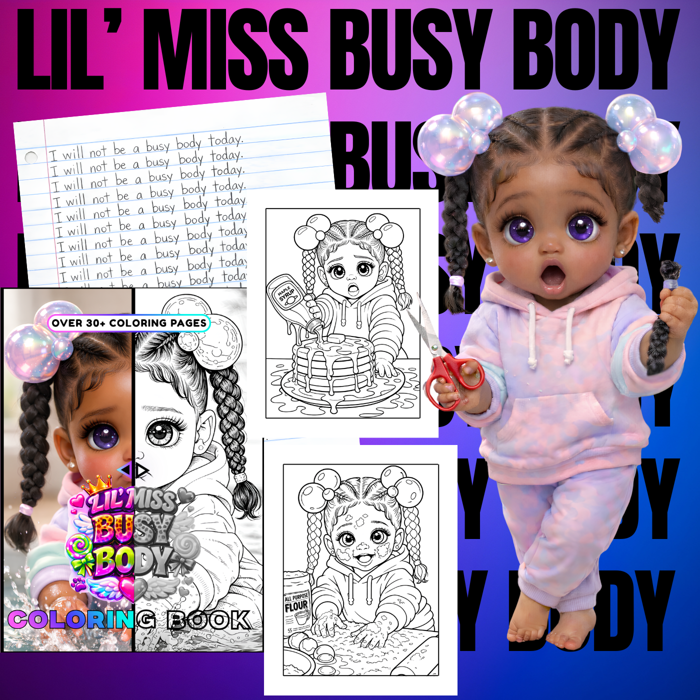 Lil' Miss Busy Body Coloring Book — cover artwork and sample coloring pages featuring the Lil' Miss Busy Body character