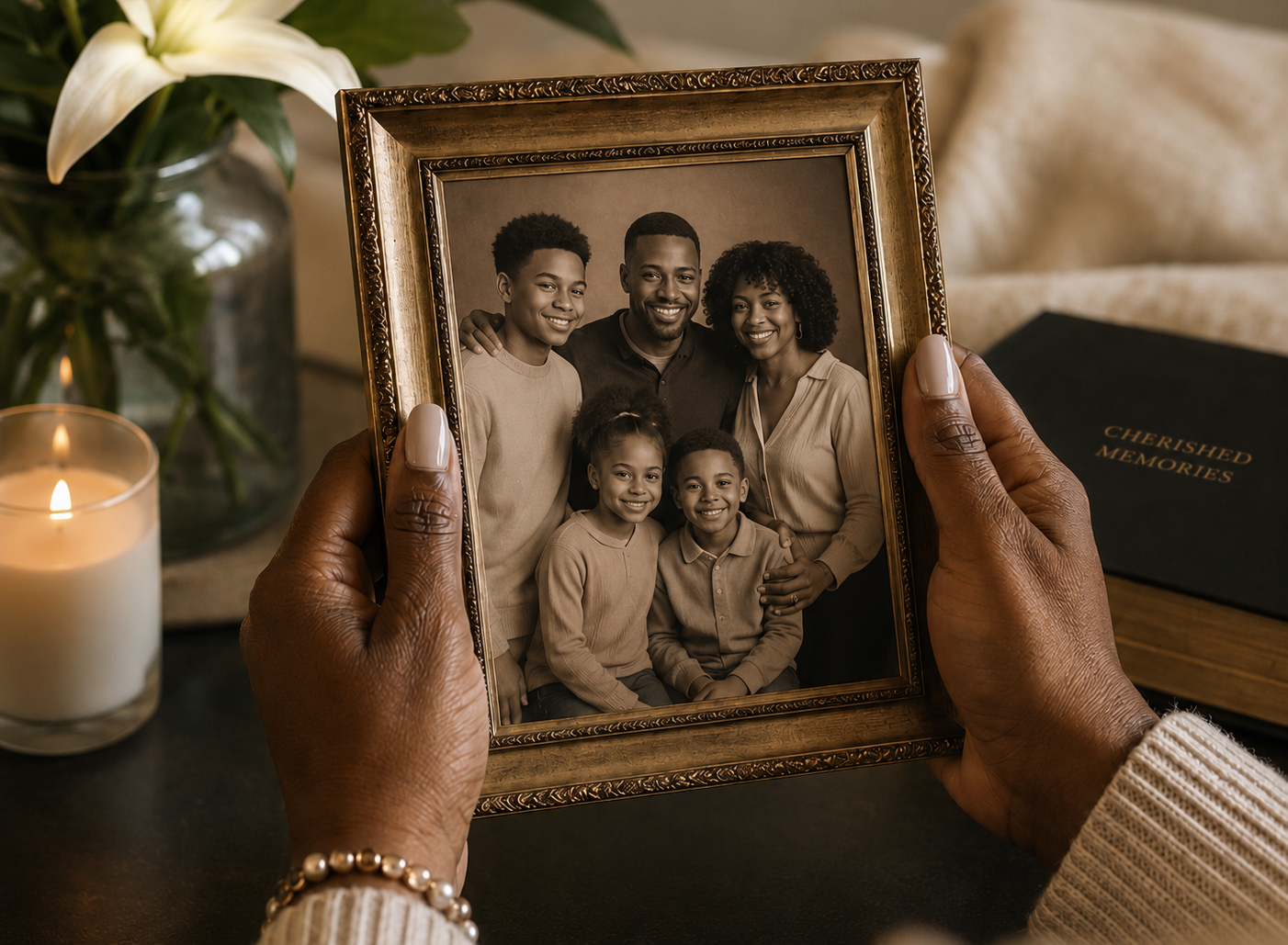 Hands holding a framed family portrait beside a lit candle, white lily and cherished memories book