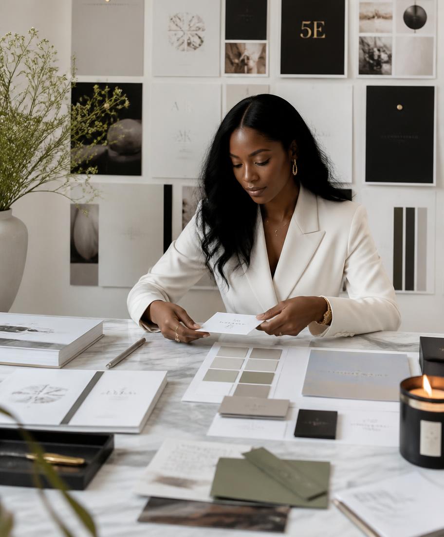 A woman entrepreneur reviewing brand identity boards and premium stationery in a creative studio