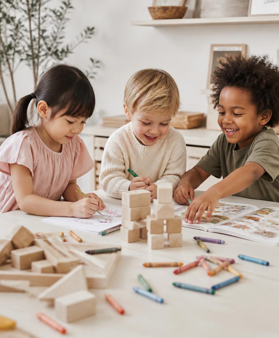 Children of different backgrounds drawing and building together with crayons and blocks