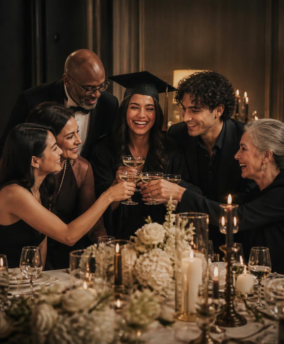 Friends and family of many backgrounds toasting a graduate at a candlelit table