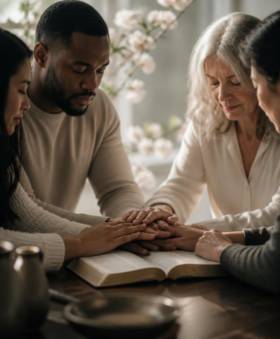 A diverse group in quiet prayer with hands resting on an open book in morning light