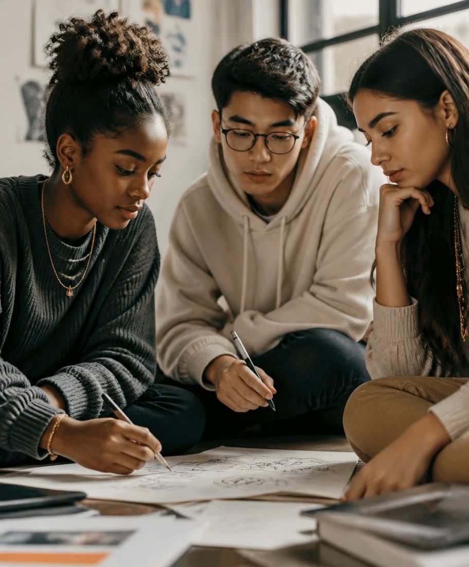 Three students of different ethnic backgrounds sketching ideas together in soft daylight