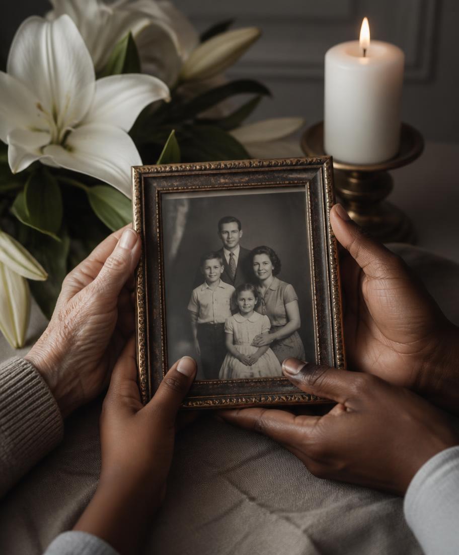 Hands of two generations holding a framed family photograph beside white lilies and a candle