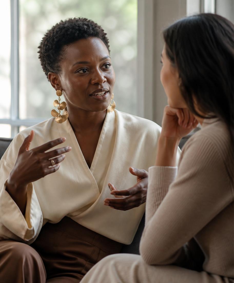 A woman speaking with quiet confidence while another listens closely in natural window light