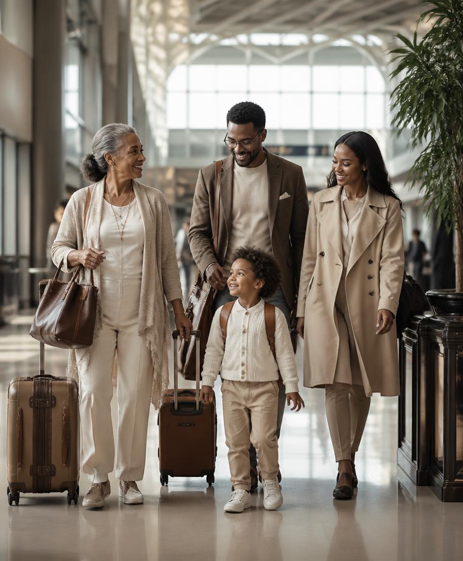 A multigenerational family walking through an airport terminal with leather luggage